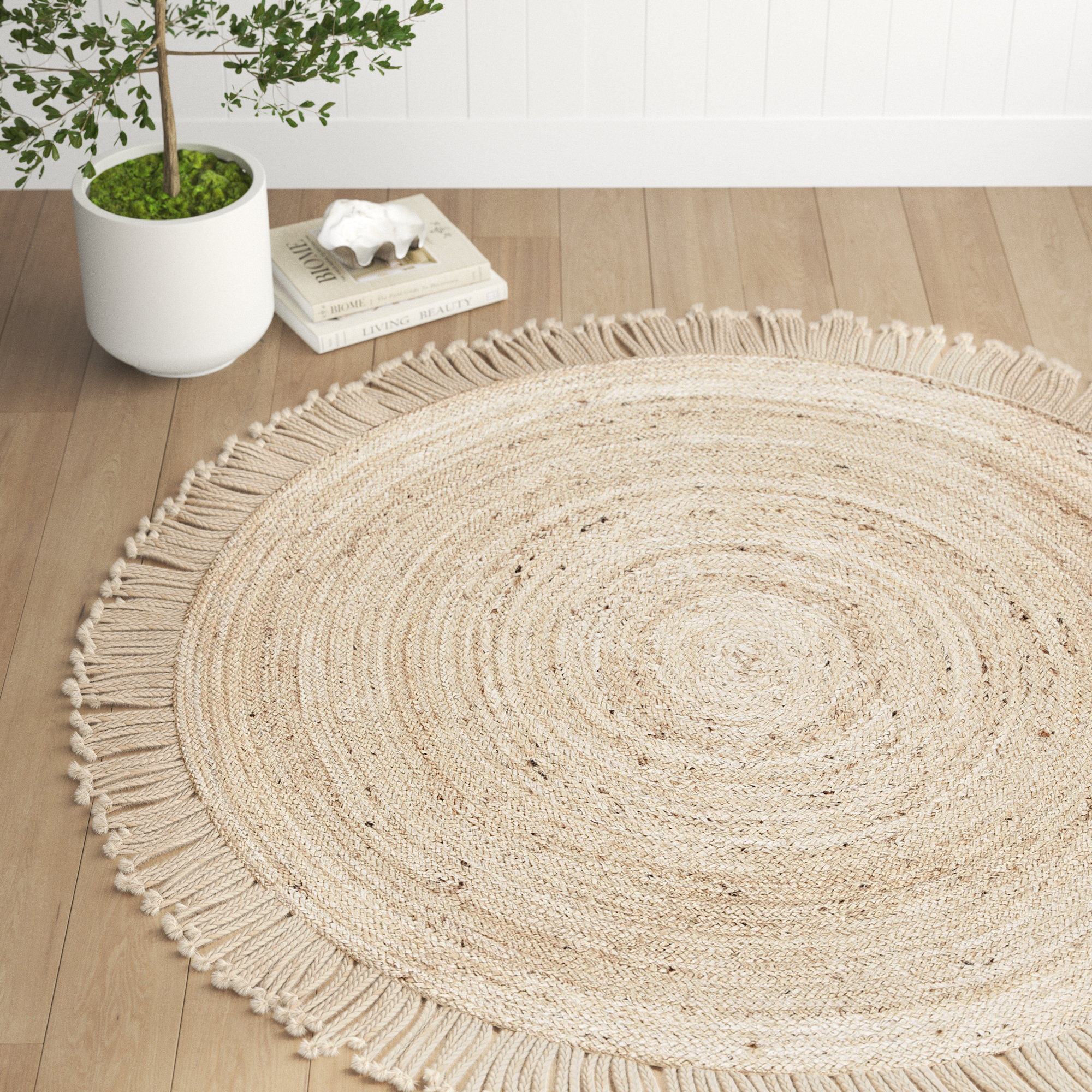 Handwoven natural jute beige round rug, popular living room,